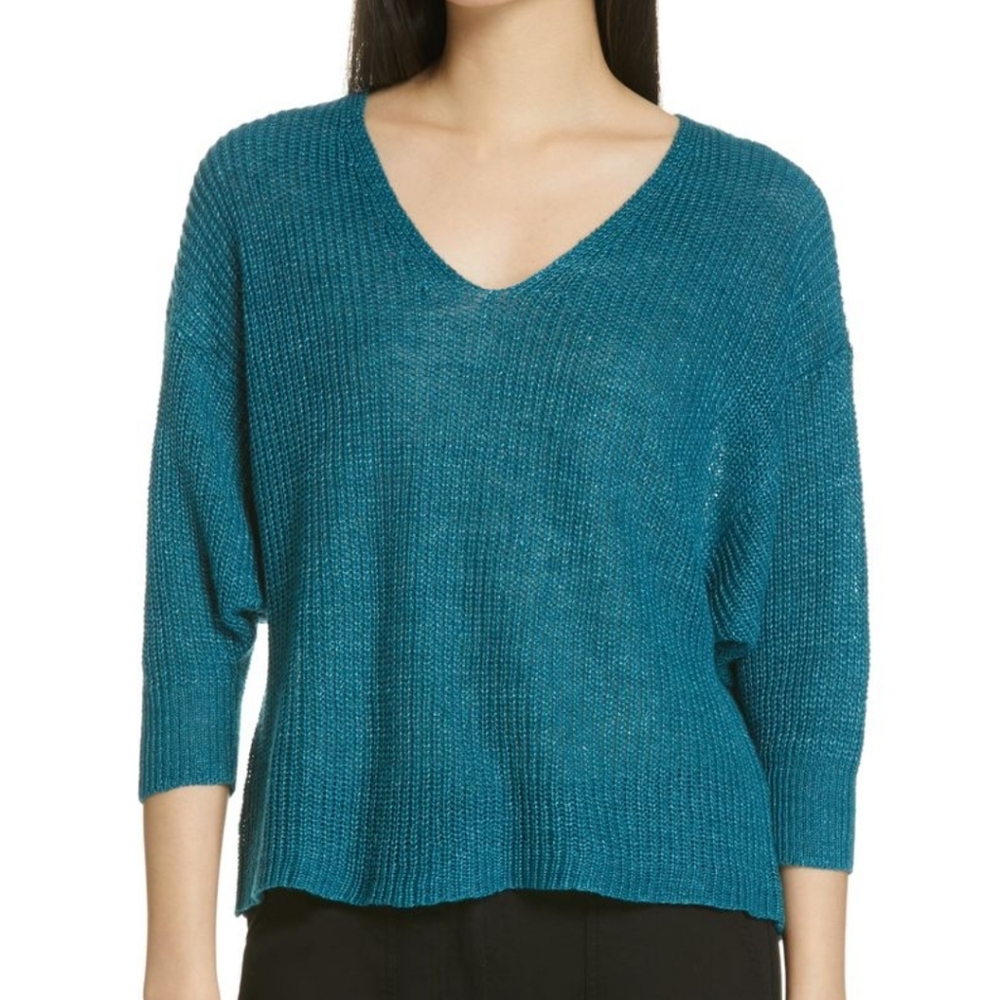 Eileen Fisher V-Neck Linen Sweater Size Small Teal 100% Linen